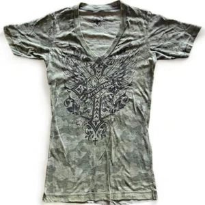 New Women's Affliction Vintage Elizabeth V-Neck Camo Green T-Shirt Top XS-XL - Picture 1 of 1
