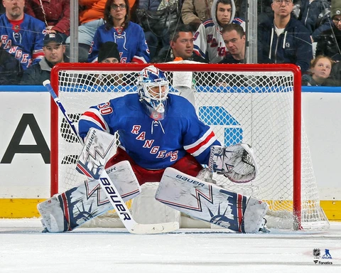 Henrik Lundqvist New York Rangers Unsigned Blue Jersey in Net Photograph Cover