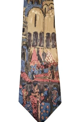 Pintura acuarela escénica vintage L'Atelier seda italiana para hombre corbata pueblo 55" Foto 1 de 4