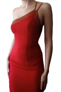 1990s Silk Beaded Slip Dress One Shoulder Red Gold XS Double Strap - Picture 1 of 23
