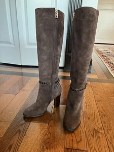 Coach “Angela” Brown Suede Knee High Side Zip Up Boots w/ Heel Size 5 WORN ONCE! - Picture 1 of 10