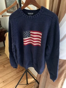 LANDS END Sweater Mens L (42-44) American Flag Heavy Weight Knit Pullover - Picture 1 of 2