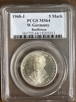 ***1968-J  WEST GERMANY 5 MARKS RAIFFEISEN***PCGS MS64*** - Image 1 of 4