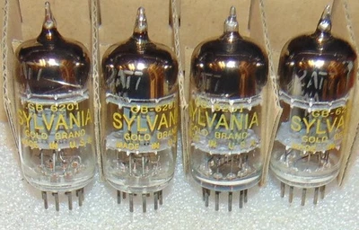 NOS MATCH QUAD SYLVANIA 1950'S USA 6201 12AT7WA ECC81 TUBES SQUARE GETTER 3 MICA - Image 1 of 4