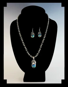 White Fox Creation: Sterling Inlay Opalite Set on Navajo Pearls - Picture 1 of 8