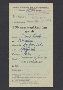 VINTAGE HOUILLÈRES DU BASSIN DU NORD ET DU PAS-DE-CALAIS FRENCH RAILWAY TICKET - Bild 1 von 1