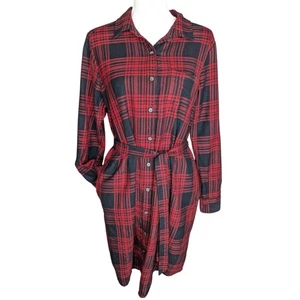 Pendleton 100% Virgin Wool Red Buffalo Plaid Shirt Belted Dress Size L Pockets - Picture 1 of 11