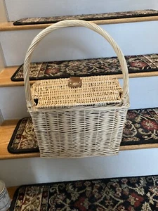 Vtg wicker basket with handle & Lid 9x9x7 Handle Height, 8” blue gingham lined - Picture 1 of 8