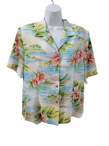 Blusa con botones Alia manga corta paisaje tropical floral para mujer talla 14 - Imagen 1 de 8