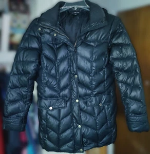 Lands End Quilted Down Coat Sz. L with detachable hood, detachable furry trim. - Picture 1 of 15