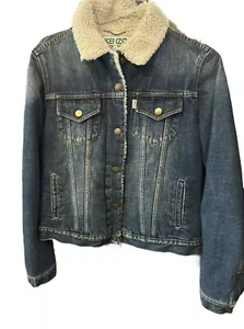 KENZO Denim Jacket Small NWT Deadstock Med Dark Wash Fur Trim Collar - Picture 1 of 6