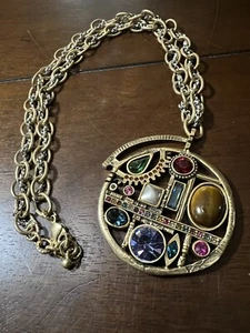 Patricia Locke Double Chain Necklace Gold Tone Multicolor Swarovski Steampunk - Picture 1 of 11