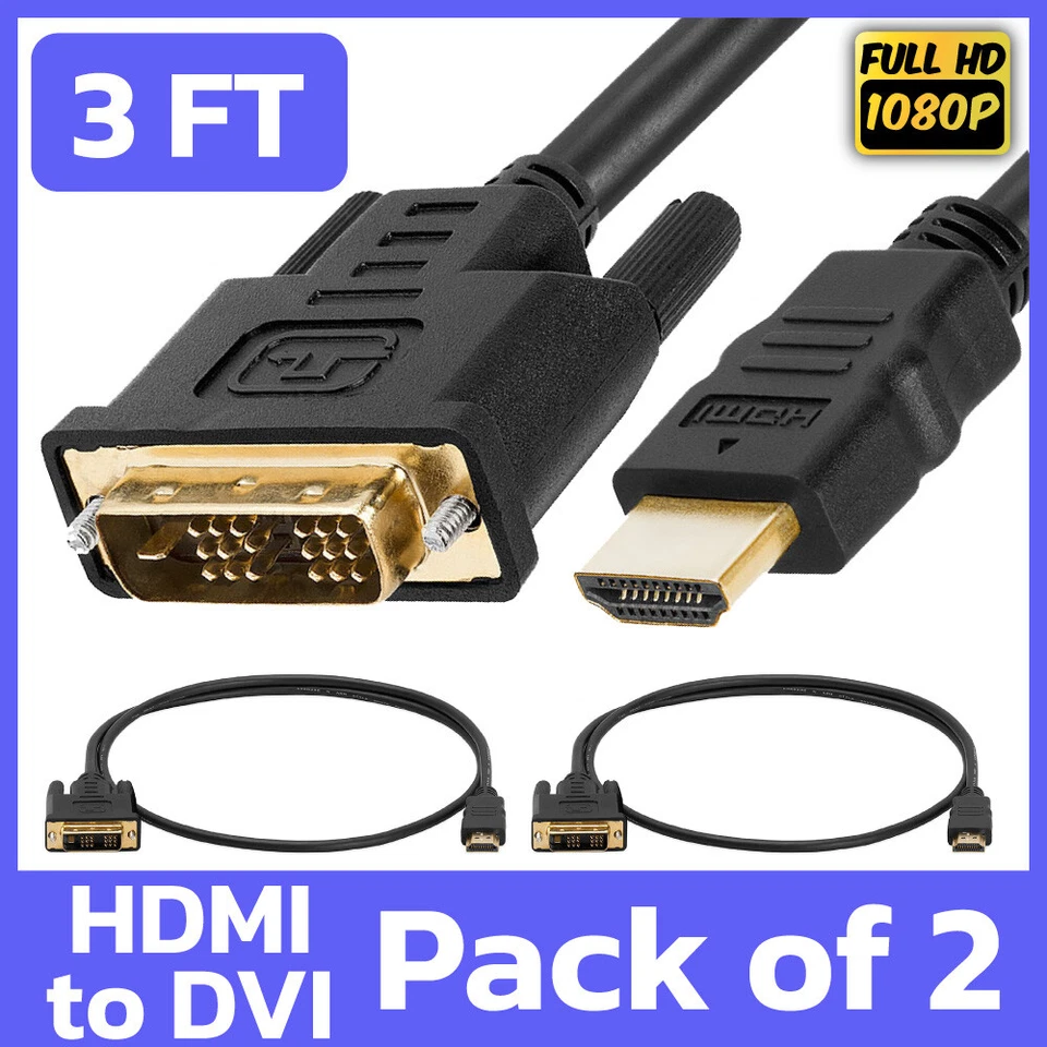 2 Pack 3FT HDMI to DVI Cord DVI-D M to HDMI M Cable Adapter Connector Converter - Image 1 of 4