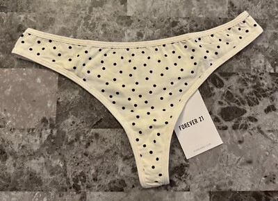 NWT FOREVER 21 SMALL IVORY BLACK POLKA DOT THONG PANTIES - Image 1 of 3