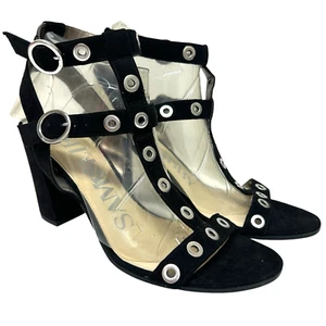 Sam & Libby Evita 9.5 Black Grommet Chunky Block Heel Sandals Faux Suede Party - Picture 1 of 10