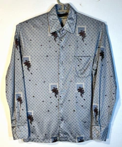 Chemise et Cie Men's Medium Blue Cane & Floral Print Nylon Vintage Long Sleeve - Picture 1 of 5