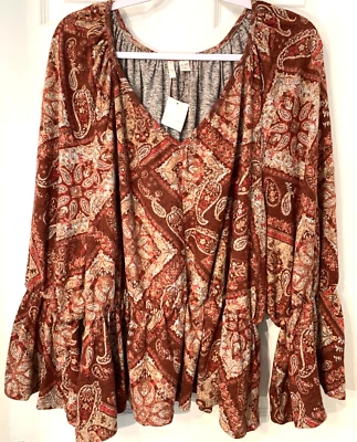 ¡NUEVO! Blusa Cato Campesina Talla Grande 26/28W Manga Campana Paisley Floral Dobladillo Peplum Nueva con Etiquetas Foto 1 de 4