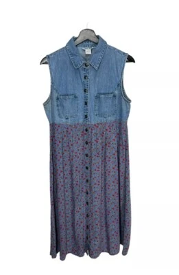 Blue Denim Multicolor Floral Button Up Sleeveless Midi Dress Large - Image 1 of 4