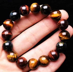 12.4mm Natural Colourful Tiger's Eye Crystal Gemstone Round Beads Bracelet AAA - Picture 1 of 6