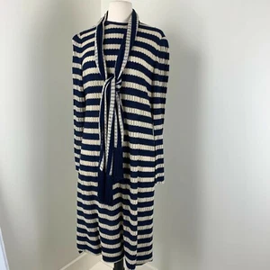 Vintage 70s Adele Simpson Striped Knit Dress L Navy Blue Fully Lined Neck Scarf - Picture 1 of 12