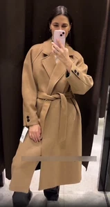 Zara Longline Mantel Wollmischung mit Gürtel Camel Beige S L Small Large 9174/298 Neu - Bild 1 von 24