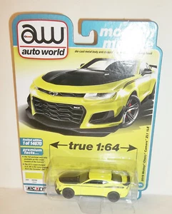 2022 AUTO WORLD 1:64 MODERN MUSCLE NEON YELLOW 2019 NICKEY CHEVY CAMARO ZL1 1LE - Picture 1 of 7