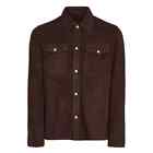 Mens Leather Brown Genuine Suede Leather Button Shirt Handmade Stylish Casual