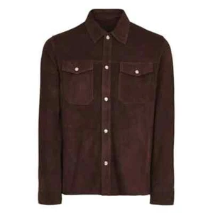 Mens Leather Brown Genuine Suede Leather Button Shirt Handmade Stylish Casual - Picture 1 of 5