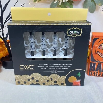 Halloween Party Reusable Glow In Dark Black Skeleton Skull Drink Straws Set 12 - Image 1 of 4