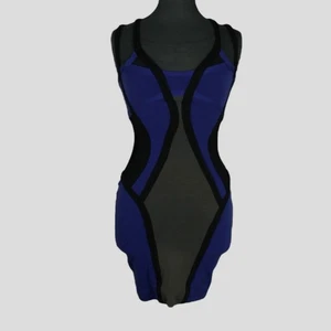 Colorblock Mesh Bodycon Mini Dress Blue Black Gray, Strappy Cutout Back - Picture 1 of 9