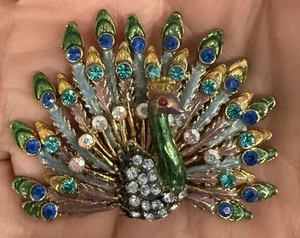 Vintage Pfau Brosche Anstecknadel bunt Edelstein und Emaille rubinfarbenes Auge - Bild 1 von 6
