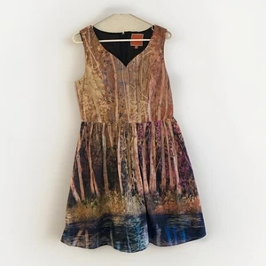 MODCLOTH Fit & Flare Dress Sz L Aspen Birch Pattern Midi Pocket Zipper - Picture 1 of 7
