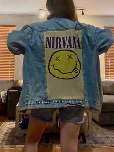 NIRVANA Upcycled Grunge Denim Jacket 90s Punk Rock Retro Vintage Checkered Sz M - Picture 1 of 9