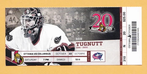 OTTAWA SENATORS VS COLUMBUS BLUE JACKETS FULL TICKET STUB RON TUGNUTT 10/22/11 Cover