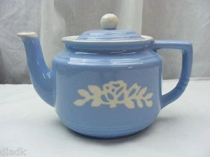 Vintage Harker Pottery USA Teapot White Rose Carv Kraft 4 Cup Blue White - Picture 1 of 7