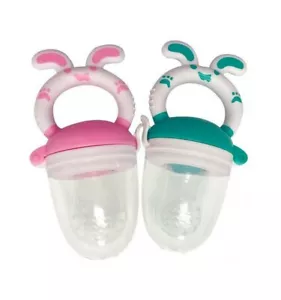 Baby Teething Fruit Feeder 2 Bunny Food Pacifier 6 Nipple Sac Nibbler BPA Free - Picture 1 of 6