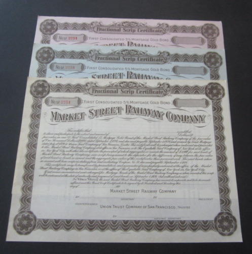 3 Old Vintage 1920's - Market Street Railway Co. - Scrip Certificates - S.F.