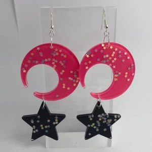Oversized crescent moon with Star holo Glitter Earrings 11 cm Long - Picture 1 of 35
