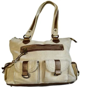 The Sak Cream/Gold Shimmer Canvas Lrg Double Strap Shoulder Hobo Handbag Purse - Picture 1 of 16