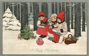 C-1910 Merry Christmas Toy & Girls giving gifts in snow Postcard 25-2021 - Picture 1 of 2