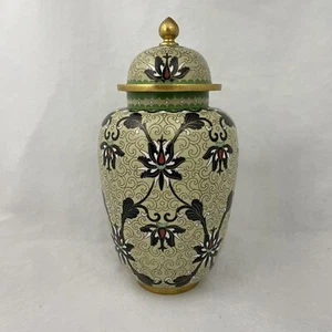 10" Chinese Cloisonné Temple Jar Beige With Green Black Red White Unmarked - Picture 1 of 12