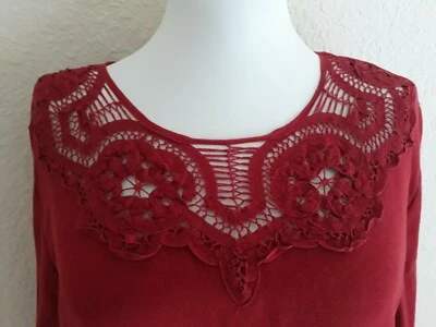 Sarah Bentley L 红色 3/4 袖蕾丝口音棉质针织圆领上衣低磨损  — 第 1/4 张图片