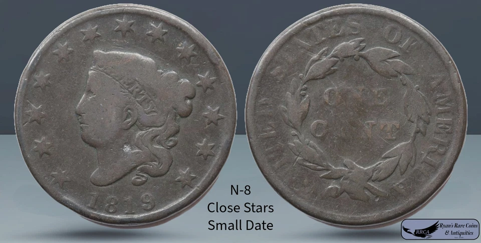 1819 N-8, Matron Head Large Cent, Small Date Close Stars, Good+ Condition  C7981 - Image 1 of 1