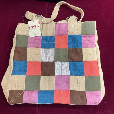 VTG Levi's Handbags Patchwork Tote Bag Tan Multi Color Suede Canvas Snap Closure - Image 1 of 4
