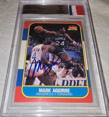 1986-87 FLEER BASKETBALL #3 MARK AGUIRRE JERSEY FUSION BGS 8 AUTO Mavs Tri Color - Image 1 of 4