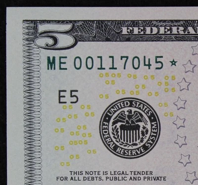 $5 2013 GEM CU Star Federal Reserve Note ME00117045* SINGLE RUN ISSUE 640K print - Image 1 of 3