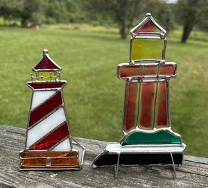 Nautical Lighthouse Stained Glass Sun-catcher Votive Candle Holder Set Of 2 - Picture 1 of 10