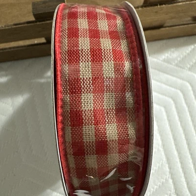 NEW PRIMITIVE CHECK RIBBON WITH WIRE EDGES 1” X 10 YARDS RED - Image 1 of 3
