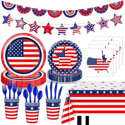 170 Piezas Platos Bandera Patriótica Americana Servilletas Tazas Mantel Bandera Rojo Blanco Foto 1 de 4