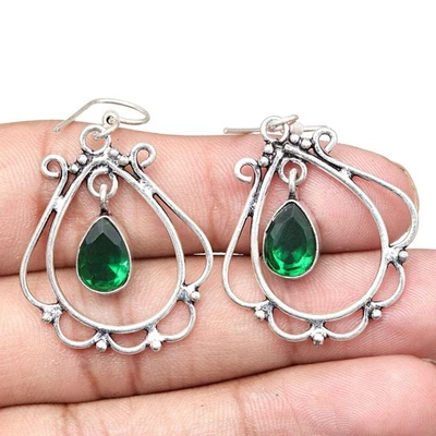 Emerald Quartz Gemstone Handmade Gift For Her Silver Jewelry Earrings 1.5'' - Image 1 of 4